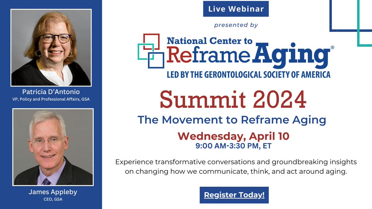 HAPPENING THIS WEEK- Summit 2024: The Movement to Reframe Aging. Be a part of this dialogue on our collective goal to revolutionize the way we communicate, think, and act as we all share the universal experience of #aging: reframingaging.org/Events/Summit-… #ReframingAging