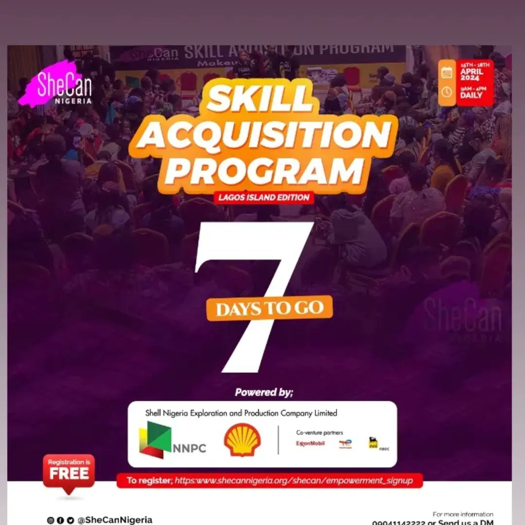 As we gradually countdown to creating impact, empowerment and value in Lagos Island community.

SheCan Nigeria in partnership with NNPC/SNEPCO @Shell_Nigeria is ready for SheCan Nigeria Skill Acquisition Program 2024, don't be left out.

Have you registered?

#PoweringProgress