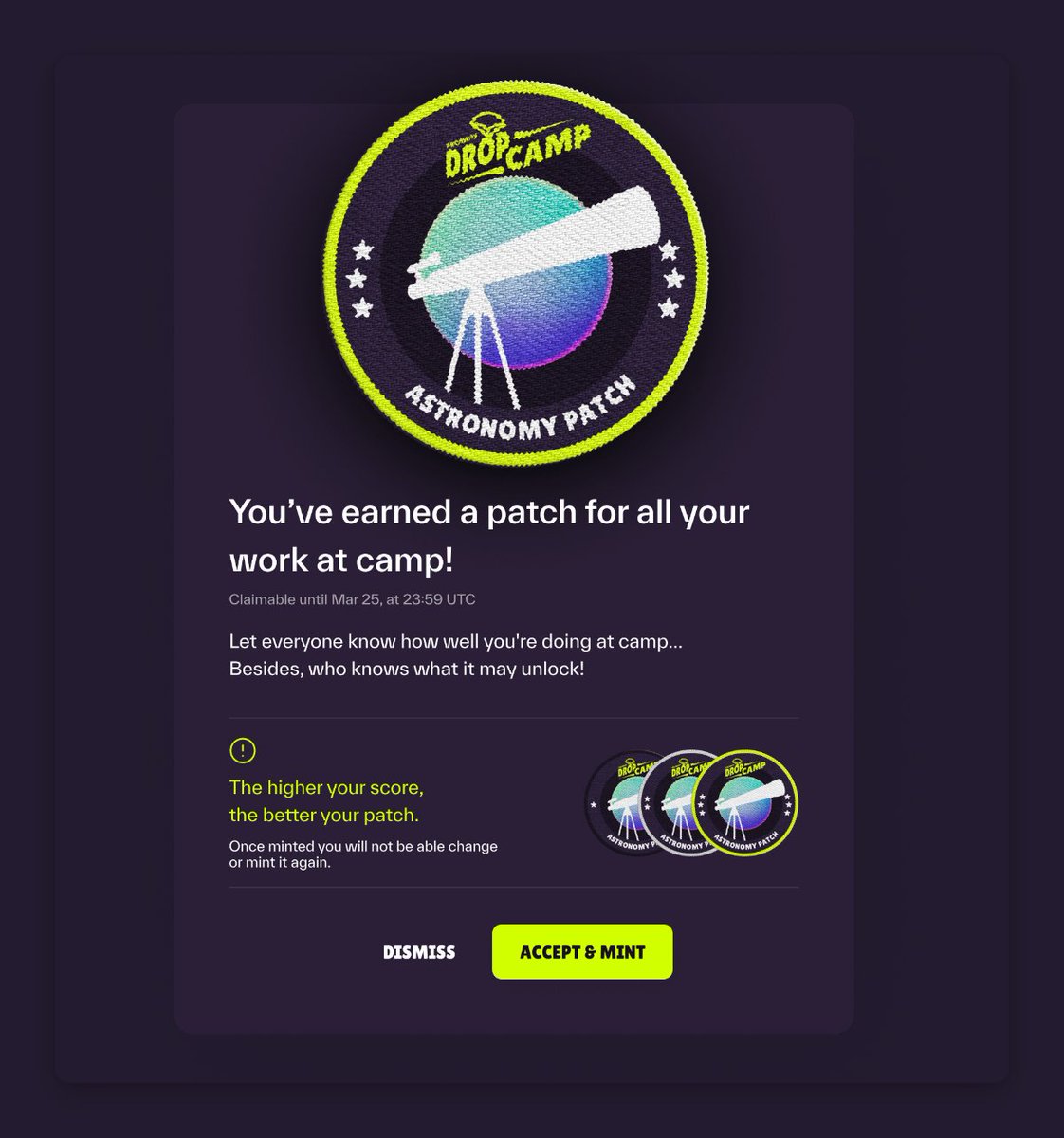 archwayHQ's tweet photo. Patches make you eligible for future drops within Drop Camp, so make sure you keep an eye out and collect your patches!

Claim for the Astronomy Patch ends April 10th at 8:00 AM GMT -5:00

🌔 https://t.co/JPnvsPND2B 🌓 https://t.co/sn5nW6g1rl