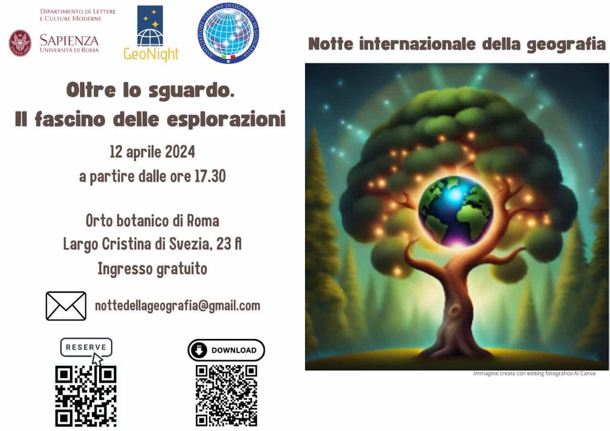Venerdì 12/04/2024 presso l’orto Botanico di Roma si terrà la Notte internazionale della geografia. Tante le attività e i laboratori. Ingresso e laboratori gratuiti. #geonight <a href="/romaperbambini/">Roma per bambini</a> #nottedellageografia 
<a href="/EventiArteARoma/">MostreEdEventiARoma</a> <a href="/romatoday/">Roma Today</a> <a href="/TgrRaiLazio/">Tgr Rai Lazio</a> <a href="/bambinidiroma/">bambini di roma</a>