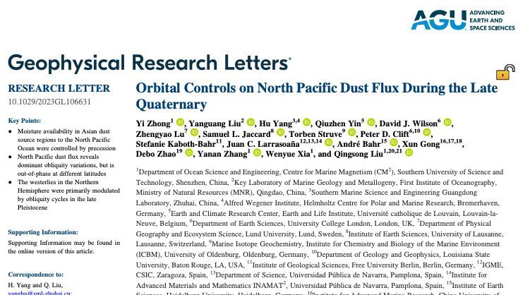 New publication by alumnus of the @HWK_IAS Peter D. Clift of @LSU_Boon et al.: 'Orbital Controls on North Pacific Dust Flux During the Late Quaternary', in: Geophysical Research Letters buff.ly/4bAQjkH