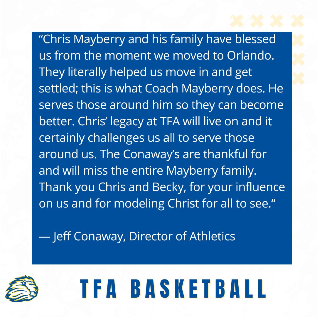 Head Boys Basketball Coach Chris Mayberry has stepped down from his position at The First Academy. We are incredibly thankful for his 20 years of leading our Boys Basketball Program.