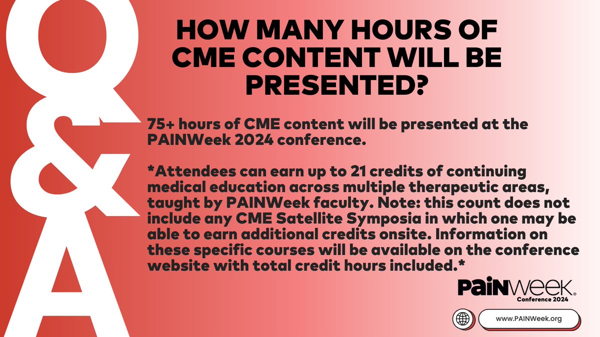 PAINWeek 2024 FAQ⁉️ 75+ hours of CME content will be presented at the PAINWeek 2024 conference. Attendees can earn up to 21 credits of continuing medical education across multiple therapeutic areas, taught by PAINWeek faculty. hubs.li/Q02rjX-f0