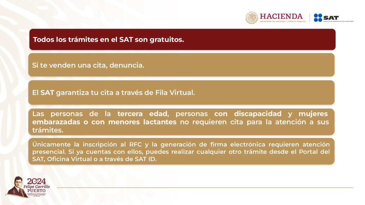 El SAT da a conocer el listado de disponibilidad de citas para atención presencial en los módulos y oficinas desconcentradas en las 32 entidades del país. Semana del 8 al 12 de abril: Disponibilidad alta 93% Disponibilidad media 6% Disponibilidad baja 1%