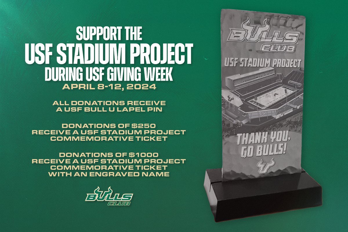 Bulls Nation!

Show your Bulls pride and claim your commemorative ticket by supporting USF Athletics and the USF Stadium Project this week for USF Giving Week.

Donation link: giving.usf.edu/how/giving-wee…