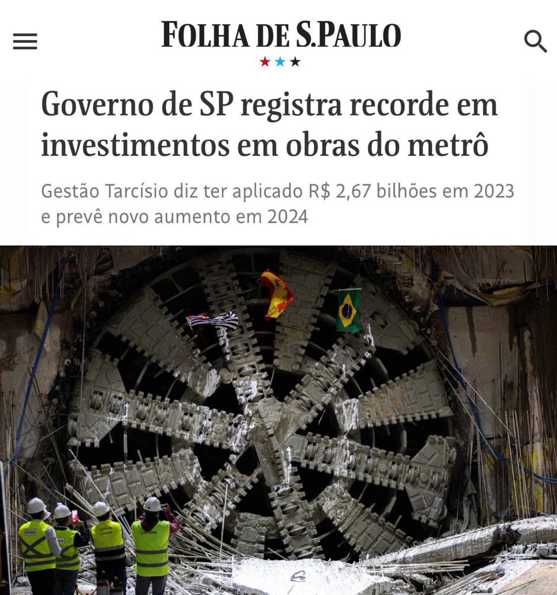 Mobilidade urbana é prioridade e São Paulo tem pressa. Por isso, fechamos 2023 com investimento de mais de R$ 2,6 bilhões em obras para ampliação do Metrô. Um recorde que tem tudo para ser superado neste ano, onde devemos alcançar os R$ 4,7 bi avançando nas linhas 2-Verde (entre…