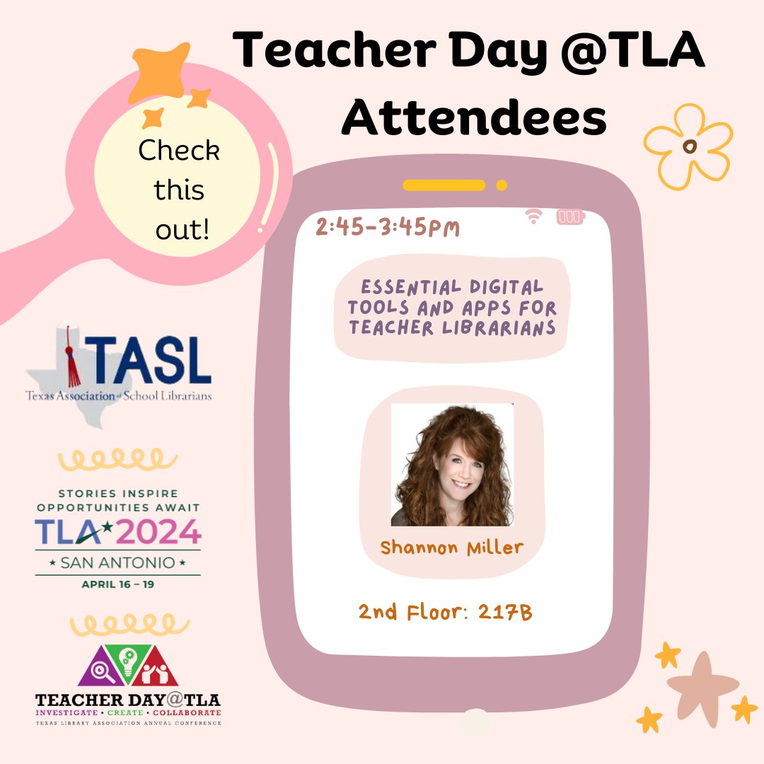 Calling all #TDTLA24 attendees 📣 Don't miss this session with @shannonmmiller over essential digital tools and apps for #teacherlibrarians on 4/18 at 2:45 pm @txasl @TXLA #txla24