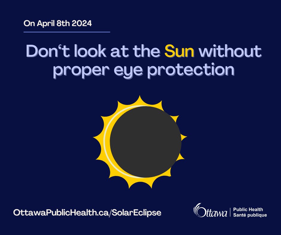 Solar Eclipse Safety Warning! Today between 2:10 & 4:35 PM Ottawa will experience a Solar Eclipse. The darkest part of the eclipse will occur 3:25PM. Looking directly at the sun at any time without protection may cause damage to your eyes. Learn more: ow.ly/JFvq50R7vY5
