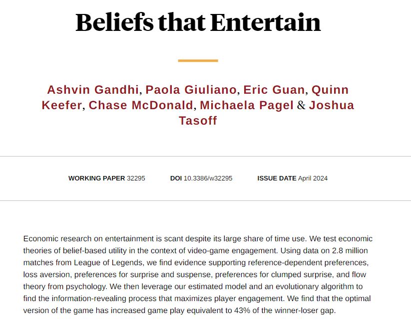 Testing economic theories of belief-based utility in the context of video-game engagement using data from League of Legends, from @ashdgandhi, Paola Giuliano, Eric Guan, Quinn Keefer, Chase McDonald, Michaela Pagel, and Joshua Tasoff nber.org/papers/w32295