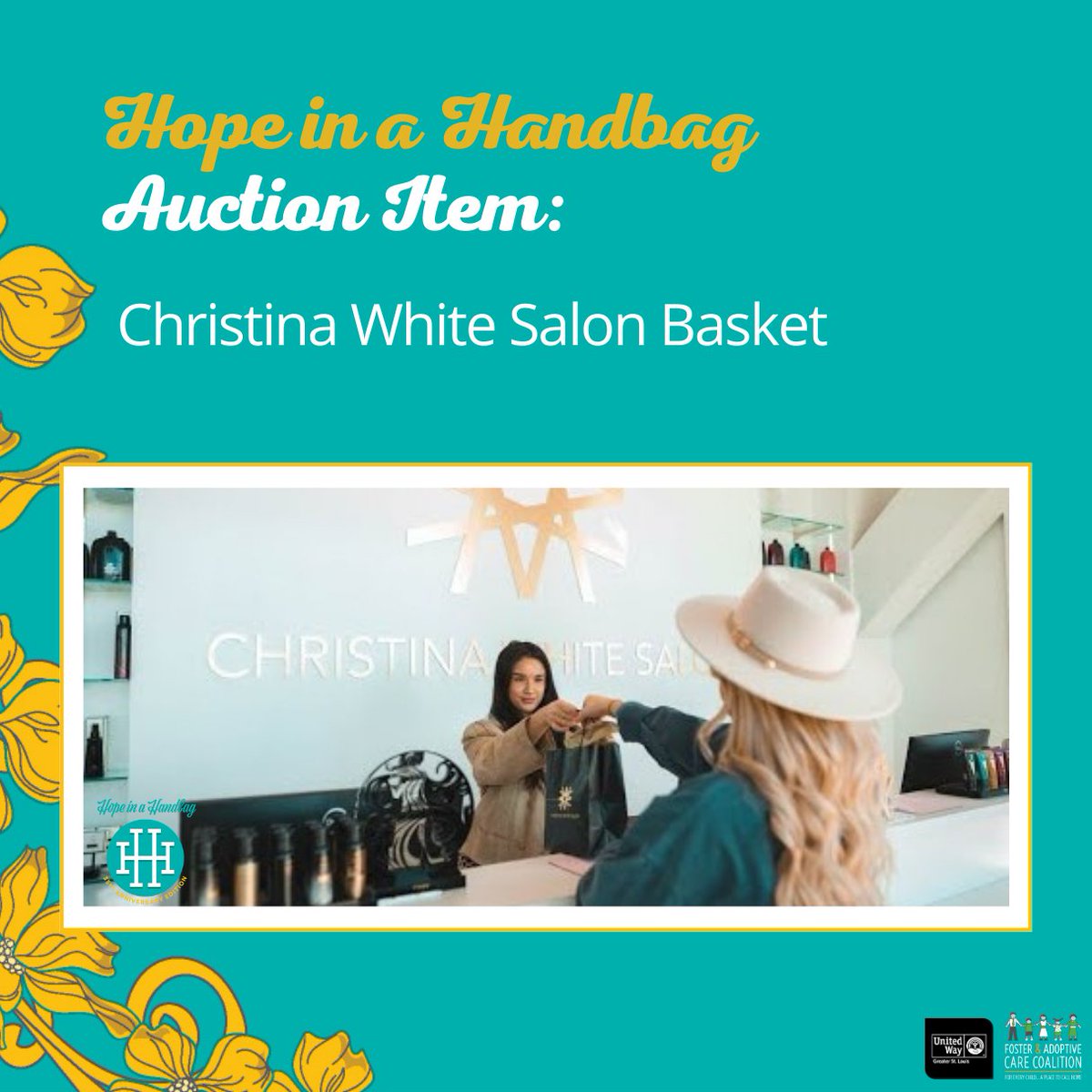Need some hope for your hair? @christinawhitesalon is here to do some magic! 🌟 They have generously donated to this year’s Hope in Handbag, and this basket will go fast! 💇‍♀️Get your tickets today at the link in bio or foster-adopt.org/hih/ #hopeinahandbag #salon