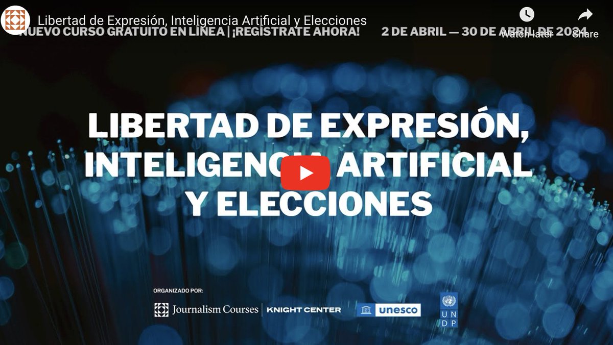 #CursoGratuito Aún estás a tiempo de tomar el curso “Libertad de Expresión, Inteligencia Artificial y Elecciones”, organizado por el @KnightCenterUT en colaboración con @UNESCO, @PNUD y la División de Asistencia Electoral (EAD) de @UNDPPA. bit.ly/43Ot0QW