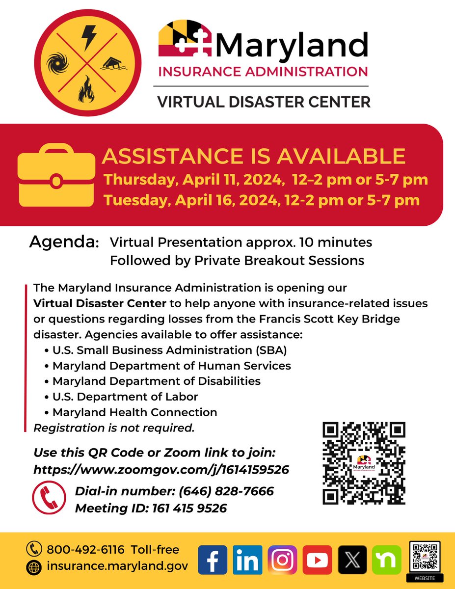 The Maryland Insurance Administration will open our Virtual Disaster Center on April 11th & 16th from 12-2 PM/5-7 PM. We are happy to share several organizations will join us. Read the flyer for details: insurance.maryland.gov/Consumer/Docum… #MarylandToughBaltimoreStrong #FSK #MDInsurance