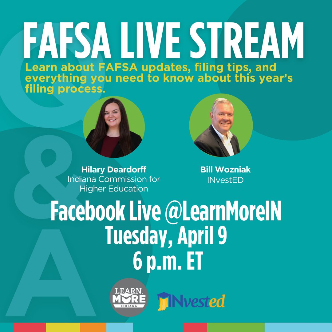 🚨TOMORROW!🚨
Learn More Indiana is teaming up with @INvestEdIndiana for a Facebook Live event on April 9. Join the Commission for Higher Education’s Director of K-12 Outreach and INvestEd’s Vice President of Communications and Student Services to discuss all things FAFSA!