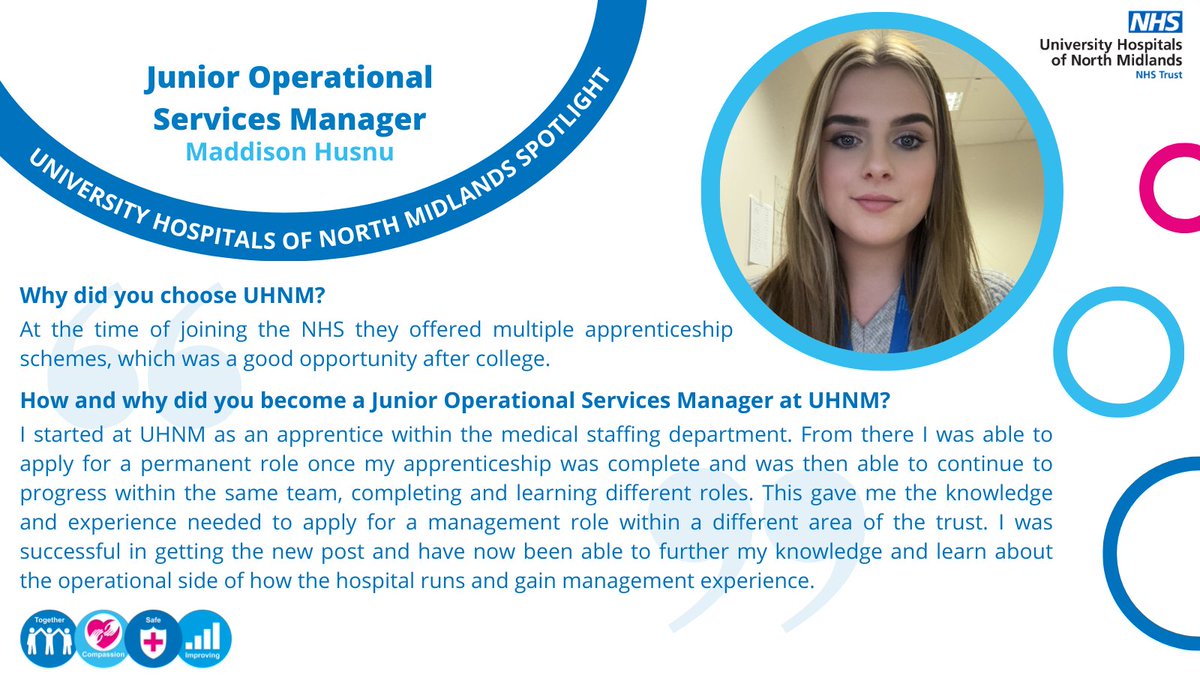 Meet Maddison, Junior Operational Services Manager!👋 This weeks @UHNM_NHS spotlight!🔦 Maddison started at UHNM as an apprentice. After Maddison completed her apprenticeship, this opened up lots of opportunity for her to progress her UHNM career further! 🌟 #MyUHNMcareer⭐️