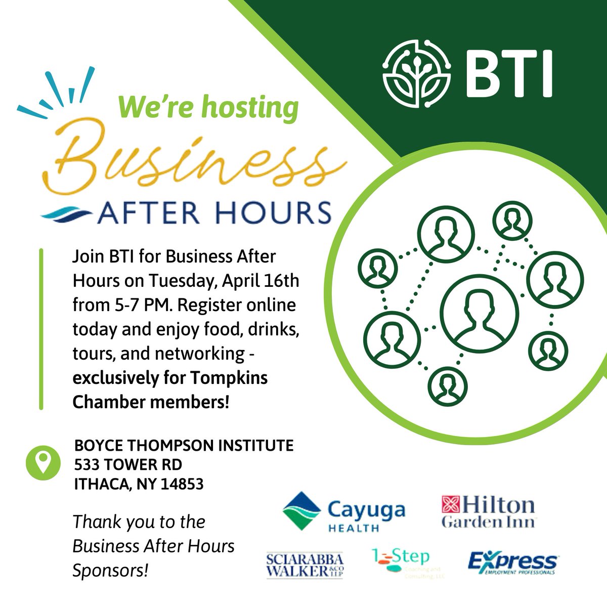 Tompkins Chamber Members: You're Invited to Discover, Celebrate, and Connect with us! As we enter our remarkable 100th year at BTI, we're thrilled to extend an exclusive invitation to our valued @TompkinsChamber members. business.tompkinschamber.org/events/details…