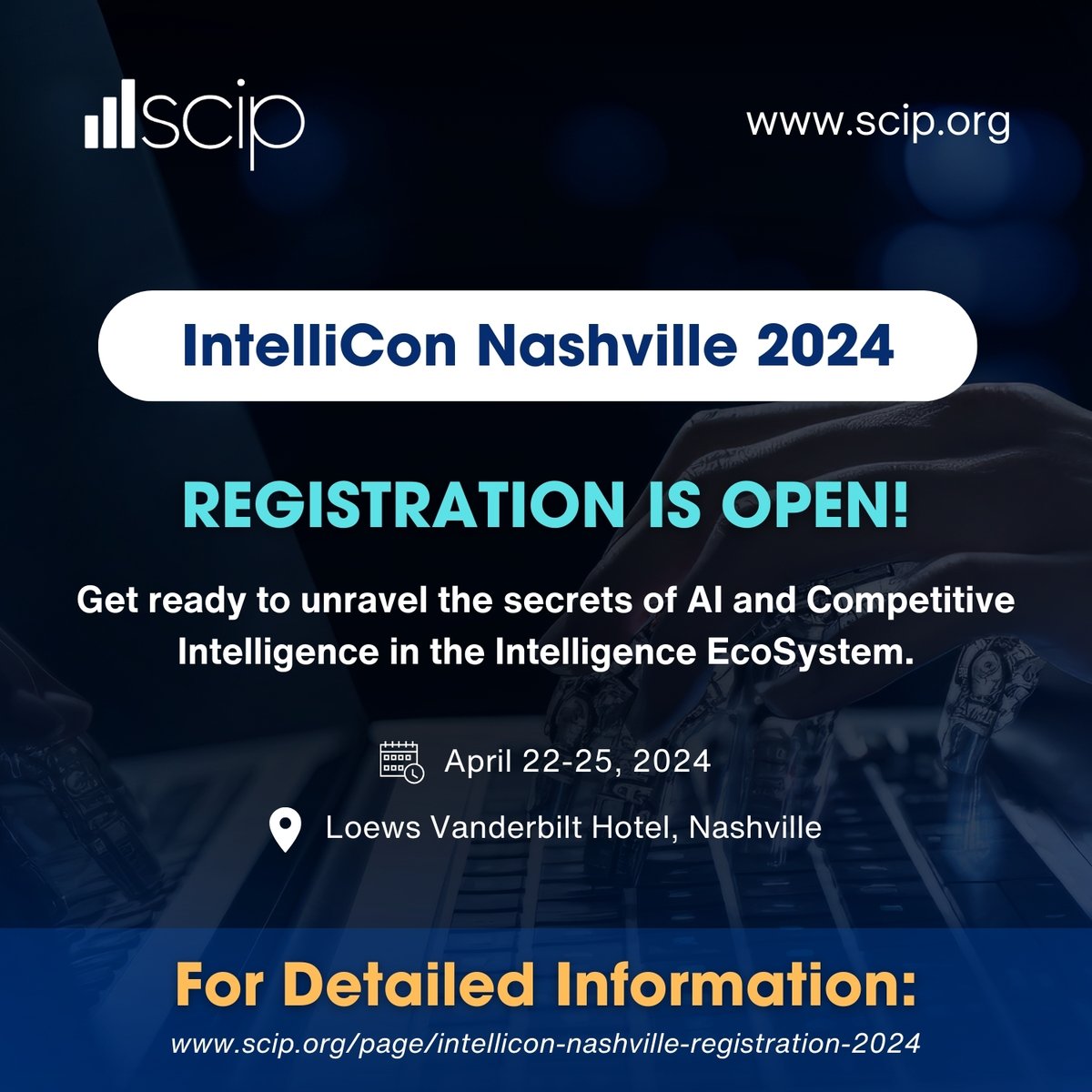 Frost_Sullivan's tweet image. 📅Mark your calendars for IntelliCon US 2024 - Nashville!

Join us at the @SCIP  #IntelliCon Nashville 2024 on April 22-25 to explore the dynamic synergy of #AI and #Competitive #Intelligence in the Intelligence EcoSystem. Reserve your spot now!

scip.org/page/intellico…

#SCIP