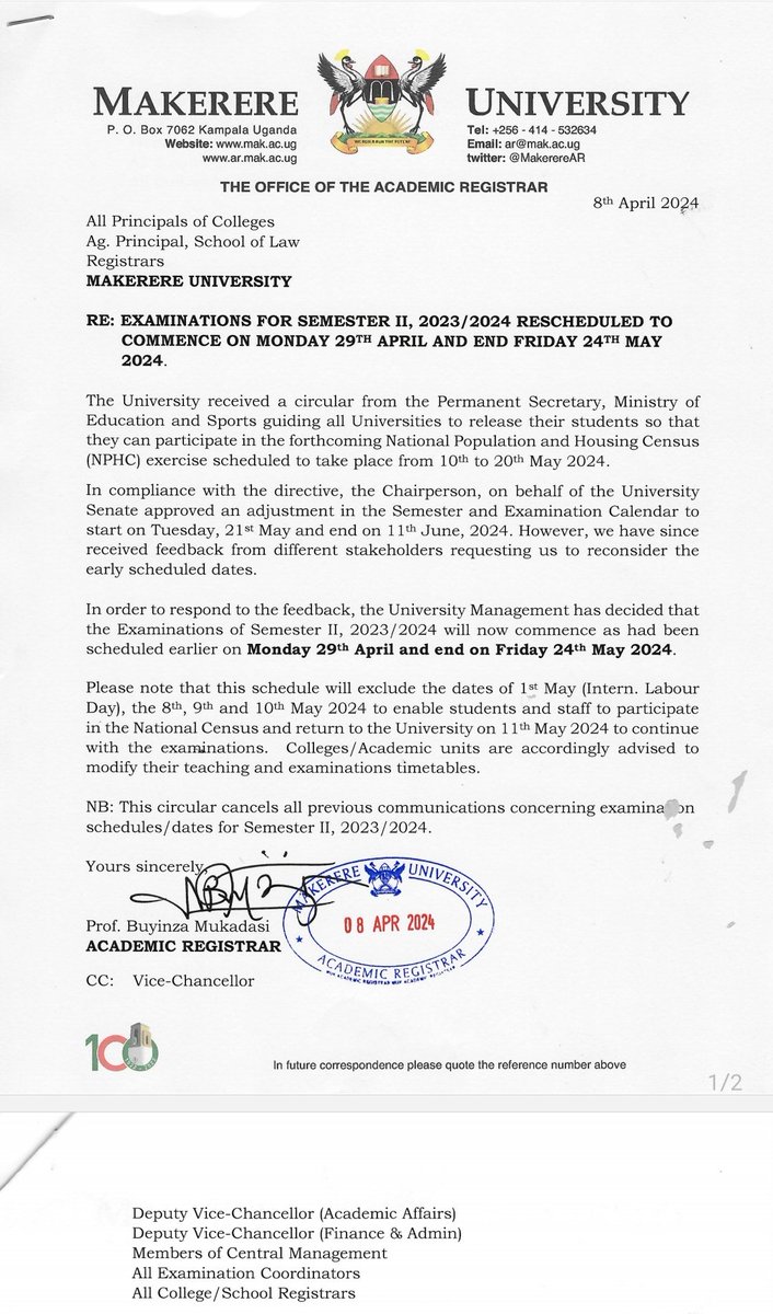 To all @Makerere Students. Please take note of the changes on examinations for semester 2 as announced by @MakerereAR cc: @MakGuild @MakerereNews @MakDRGT