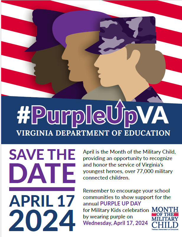 Dare Elementary is proud to recognize our military connected students throughout April in honor of the Month of the Military Child! Please wear purple on April 17th! #DareToDive #MakeASplash @LindsayNKidd @linz_kurtz @ENoyesDES