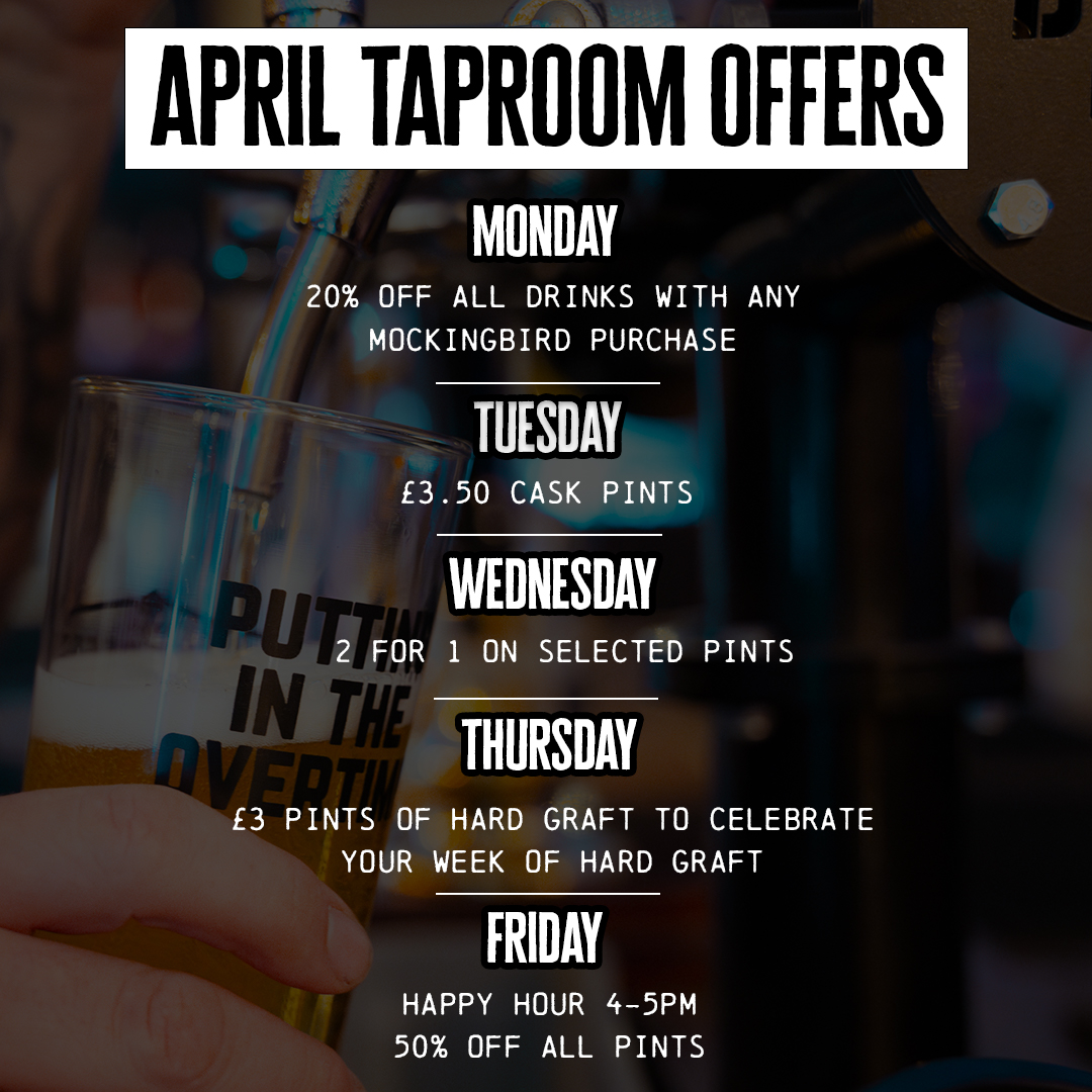 TAPROOM APRIL OFFERS 🍻 We've got a different offer every day of the week, exclusively for April. So whether you fancy half price pints on a Friday or 20% off on a Monday, check out what we've got going on. Which day/offer are you going to take advantage of?👇