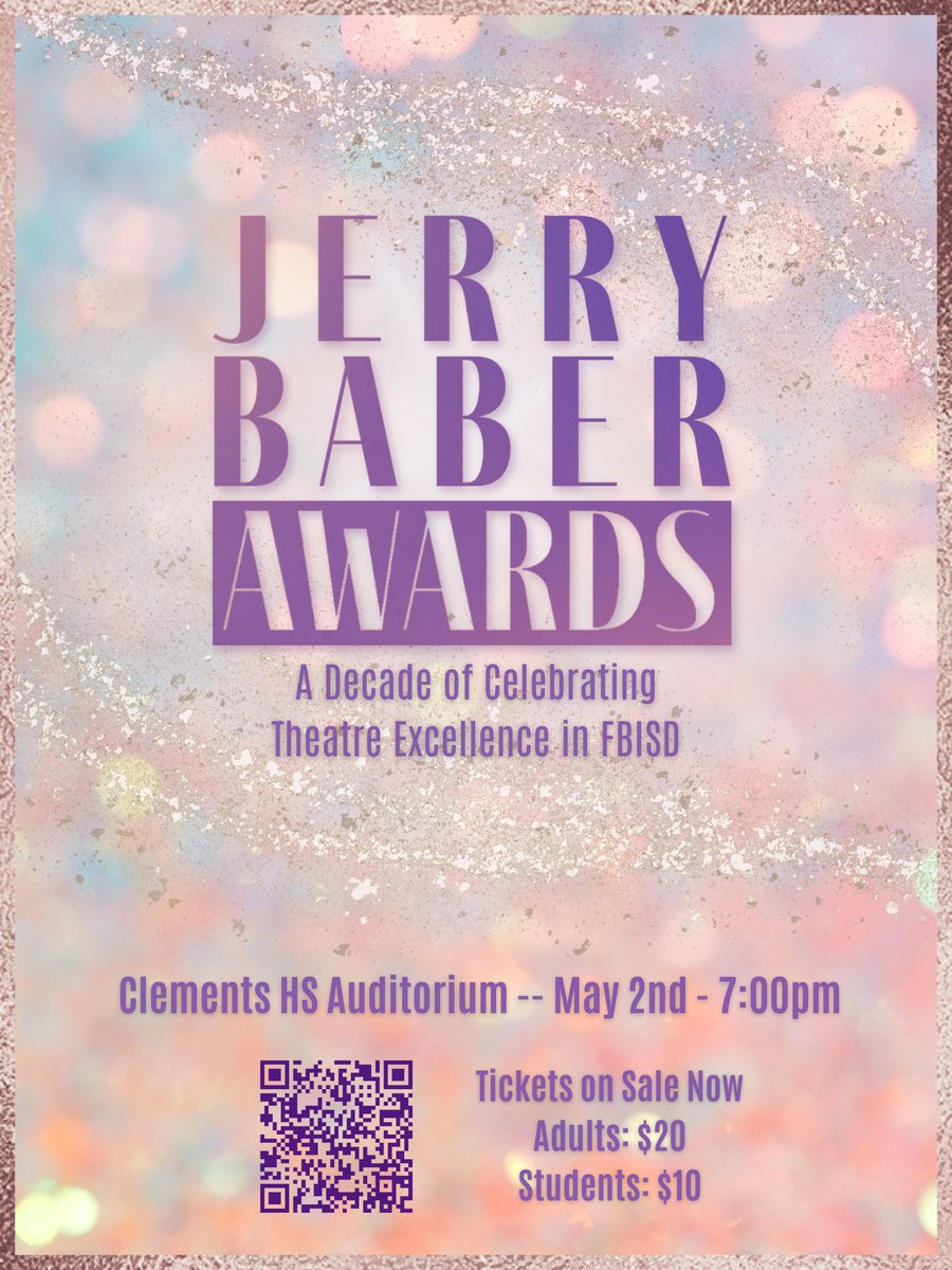BaberAwards's tweet photo. Tickets are on sale now for the 10th Annual Jerry Baber Awards! Join us May 2nd at Clements HS for a night celebrating Fort Bend ISD Theatre! @FortBendISD @FineArts_FBISD 
https://t.co/dbanX3X5QB https://t.co/8stq8XEAIR