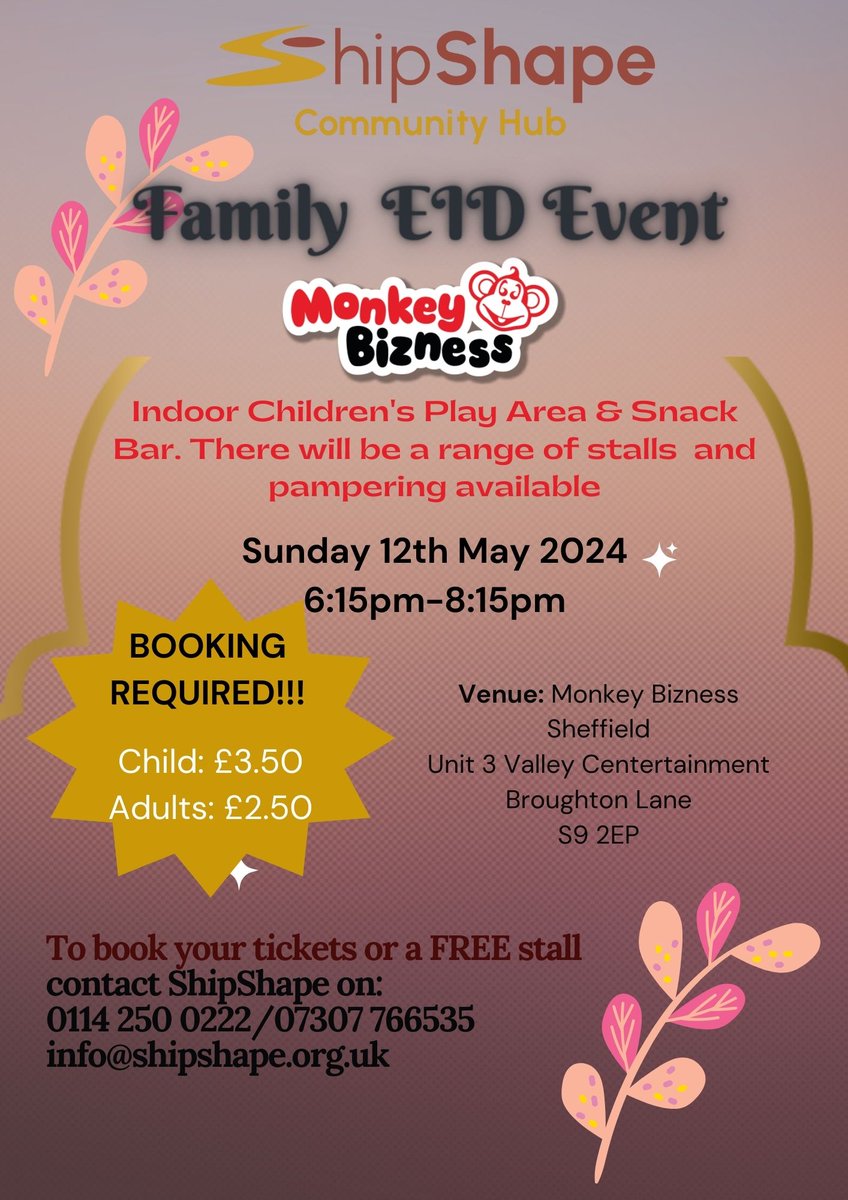 Come and book onto the Eid Event at Monkey Bizness Sheffield on Sunday 12th May 2024 Ring us on 0114 250 0222/07307 766535 #Eid2024