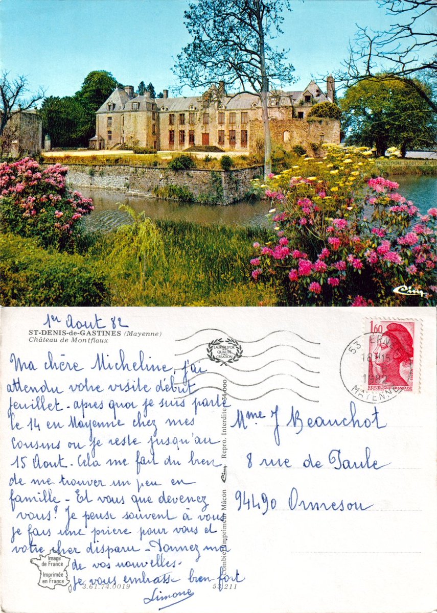 mercipourlacart's tweet photo. Château de Montflaux - 1982
Saint-Denis-de-Gastines (Mayenne)
Voir la carte avec transcription de la correspondance :
https://t.co/jBbEiTuCPc
Combier Imprimeur Mâcon
#château #ChâteaudeMontflaux #douves #fleurs #Mayenne #SaintDenisdeGastines
#CartePostale #CartesPostales https://t.co/EOkOSEqZlY