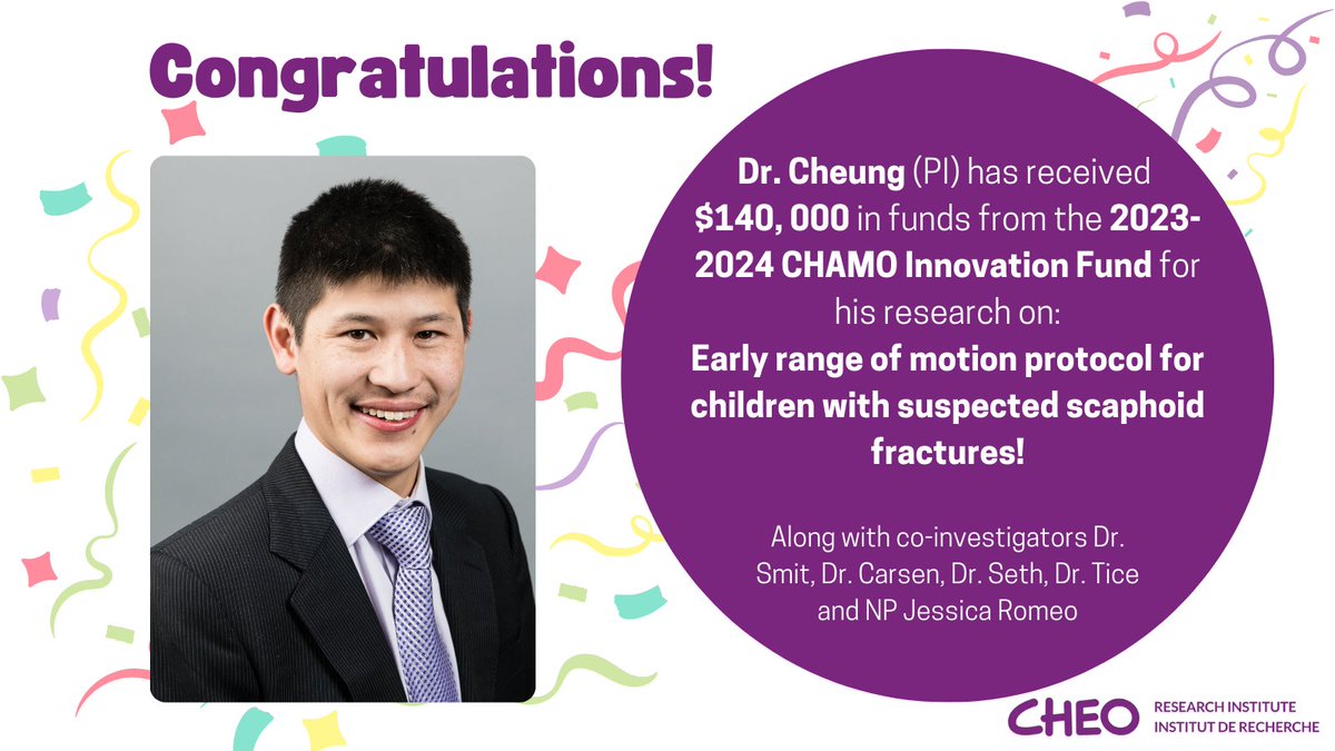 Congrats to Dr. Cheung & the Ortho team on their CHAMO grant for their Scaphoid work 👏