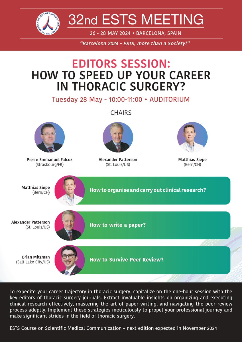 📢 Join us at the Editors Session in Barcelona! Gain invaluable insights into organizing and executing research, as well as the art of paper writing. 🗓️ Date: Tuesday, May 28th 🕙 Time: 10:00 AM - 11:00 AM CET Join us at ests2024.com #EditorsSession #Research #ESTS2024