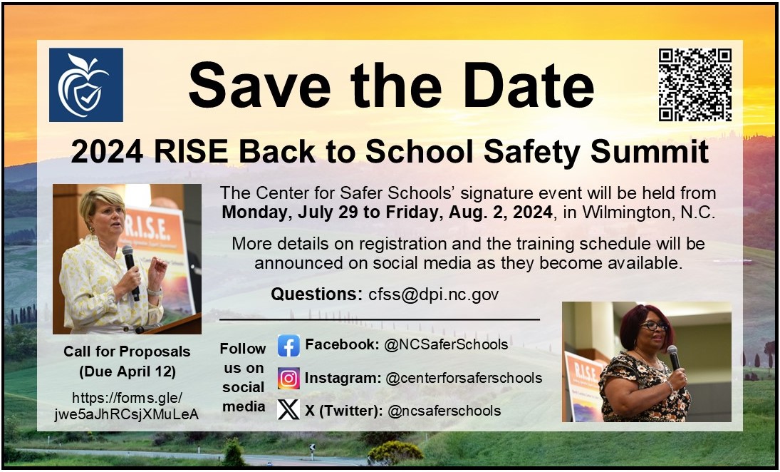 The 2024 RISE Back to School Safety Summit will be held in Wilmington from July 29-Aug. 2. If you or someone you know has a school safety workshop that would be appreciated by participants at the summit, please complete the Call for Proposals form: forms.gle/oihfLJ2LZkHufw…