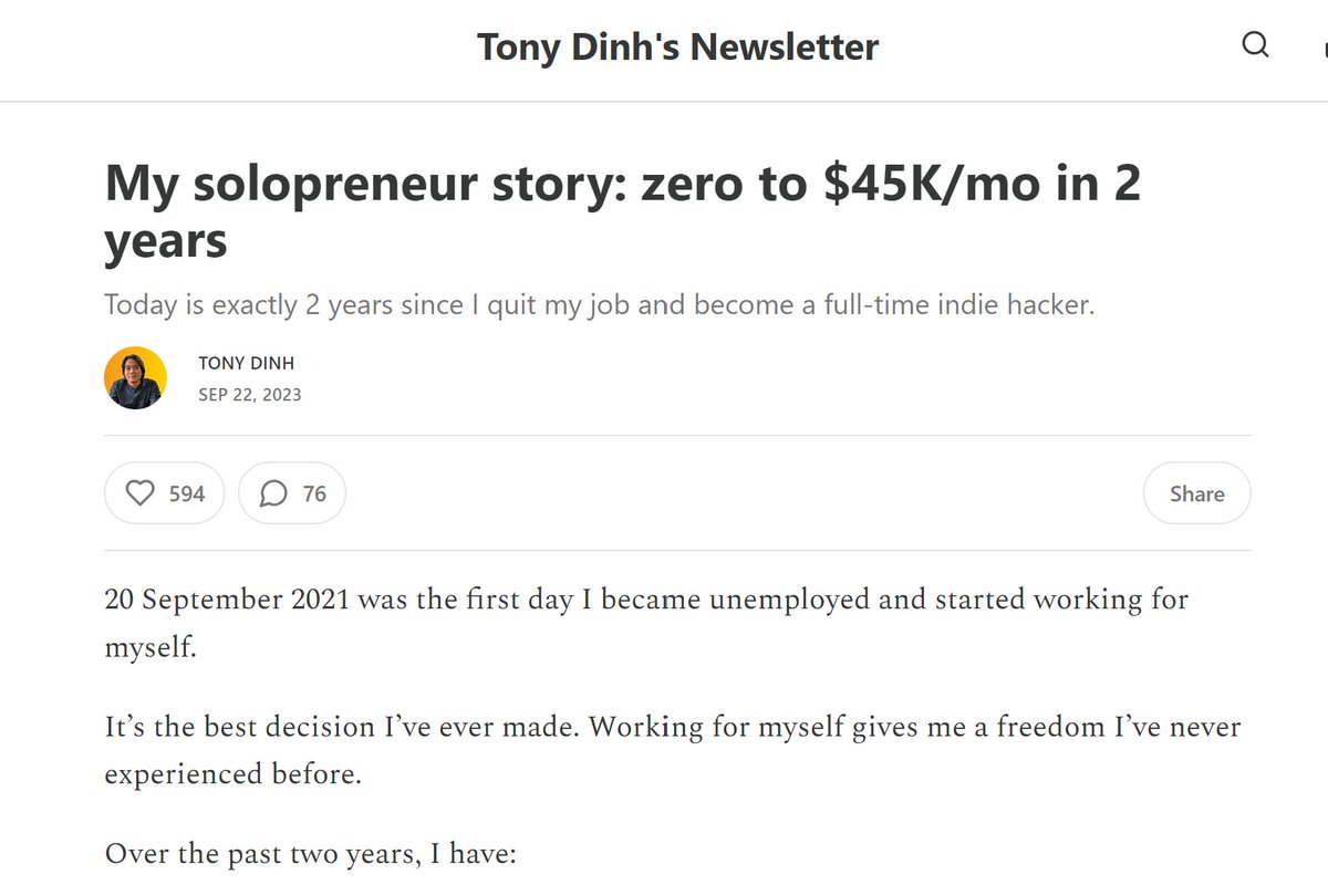 NorthstarBrain's tweet photo. "My solopreneur story: zero to $45K/mo in 2 years"

The most WILD user journey with an indie hacker KING, Tony! @tdinh_me

It involves AI, an unreleased beta product, Perplexity, and an article from 2023.

3 LESSONS too, buckle up for a story!

1. It starts today with me testing Boodle Box, an AI product that allows TEAM prompting and multiple agents. Launching soon, the CEO Shawn is a great leader @SNORanger82 who I met in Vegas, a speaker at the ImagineAI Live conference.

I was looking for inspiring users of AI who are building since ChatGPT released.

And the Perplexity agent pulled up the story of Tony!
An inspiring, humble man that I actually met in Vietnam a few months ago.

"My solopreneur story: zero to $45K/mo in 2 years"

I remembered the name, read all of it, definitely recommend it, check out his newsletter.

And here are 3 things that I learned and want to share with you:

---

1. Build, Fail, Learn. Then do it again, FASTER.

"I worked on it for ~6 months. I felt like the project would never finish. Then, I got bored and abandoned the project.

It failed spectacularly.

But at least I got something from it: I gained a lot of experience"

---

2. Avoid the endless $ grind.

"When I reached $4K MRR, a decent amount considering my living cost in Vietnam, I started to slow down.

I still want to get more revenue, but I realized that this is a moving goalpost, and it will never stop. $10K, then $20K, then $50K. I knew I would never satisfied.

It’s much better to work and play at the same time."

---

3. Hard Work, Loneliness, Freedom.

- "In the first few months after quitting my job, I worked a lot. Probably 12 hours a day, or even 16 hours/day if you also count Twitter as “work”.

- "I had to sacrifice my professional network and social life. It gets very lonely."

- "I can choose to work on any day as I feel like it, or I can spend the whole day watching Netflix without asking anyone for permission.

The money is also great."

---

Good to know: Tony is also now working on a great AI product: TypingMind.

ChatGPT, with a MUCH better interface and... CHAT SEARCH FUNCTION!

---

I wanted to share this story with you because AI connected me with 2 HUMAN heroes, Shawn and Tony.

A reason to be grateful, inspired and encouraged.

AI for the humans!