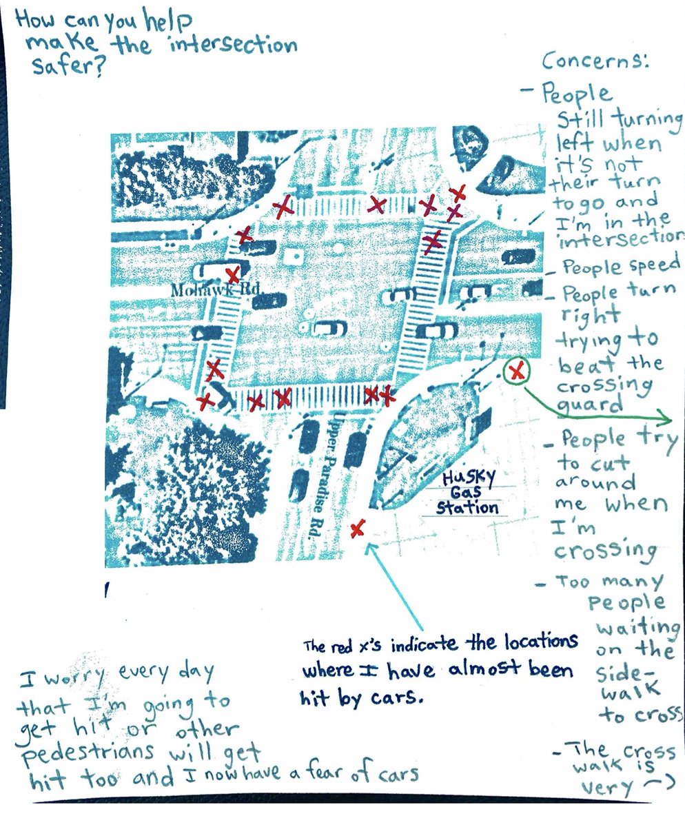 @DailySchoolRte A parent shared with me a map made by their 9 year old child (of that intersection) which was sent to the city 2 years ago. 'Red X's indicate the locations I have almost been hit by cars' Think about that.