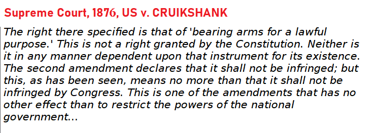 'The right of the people to keep and bear arms, SHALL NOT BE INFRINGED.' The Framers intentionally worded the Second Amendment that way for a reason. The right ALREADY EXISTED, the Second Amendment merely protects that right. See United States v. Cruikshank, 1876: