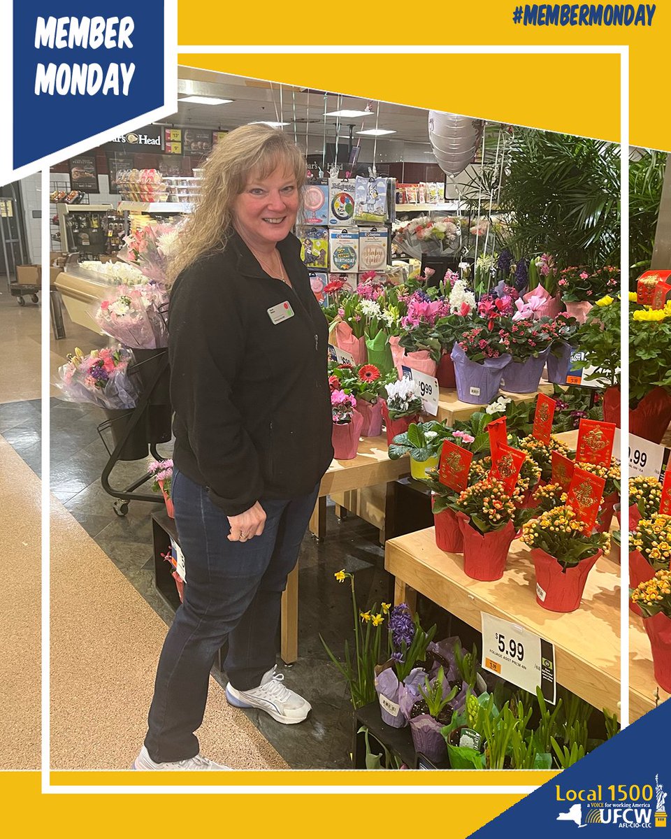 This #MemberMonday, we celebrate Susan Nelson, a dedicated UFCW Local 1500 member for 21 years! As the floral lead at Stop & Shop, she brings beauty and joy to her community. Thank you, Susan, for your commitment and talent! #MemberMondays #SusanNelson #UFCW1500