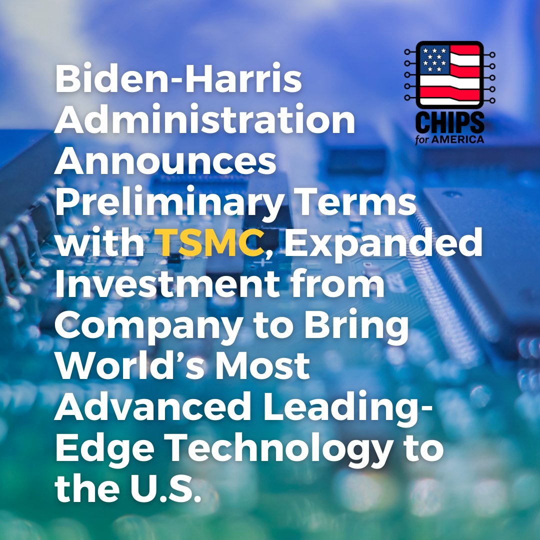 #NEWS: Biden-Harris Administration announces @CommerceGov & TSMC Arizona Corporation, a subsidiary of Taiwan Semiconductor Manufacturing Company Limited, have signed a non-binding PMT to provide up to $6.6B in direct funding under the CHIPS & Science Act. commerce.gov/news/press-rel…