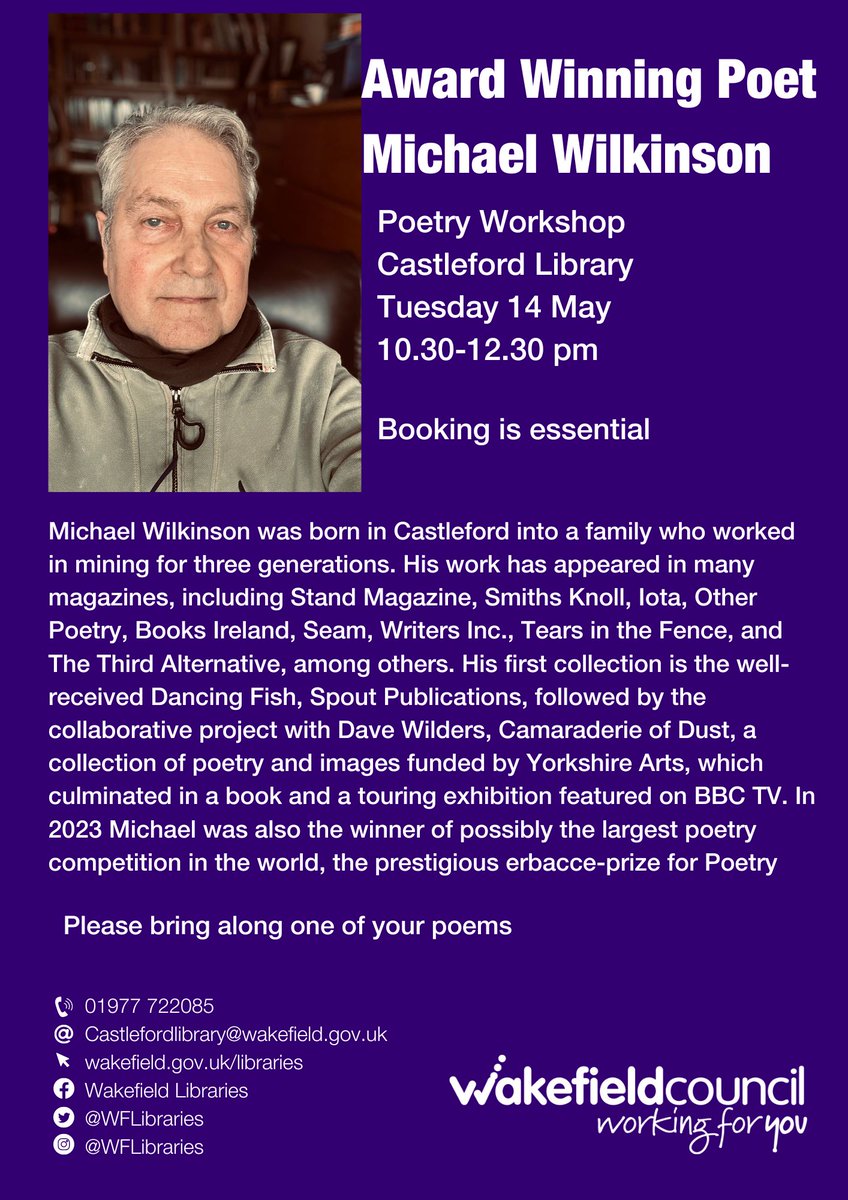 Celebrating Wordfest #castlefordlibrary we have crime author Catherine Yaffe and award winning poet Michael Wilkinson. Tel 01977722085 to book your place or call into Castleford Library Carlton Street Castleford. @Expwakefield @WFMuseums