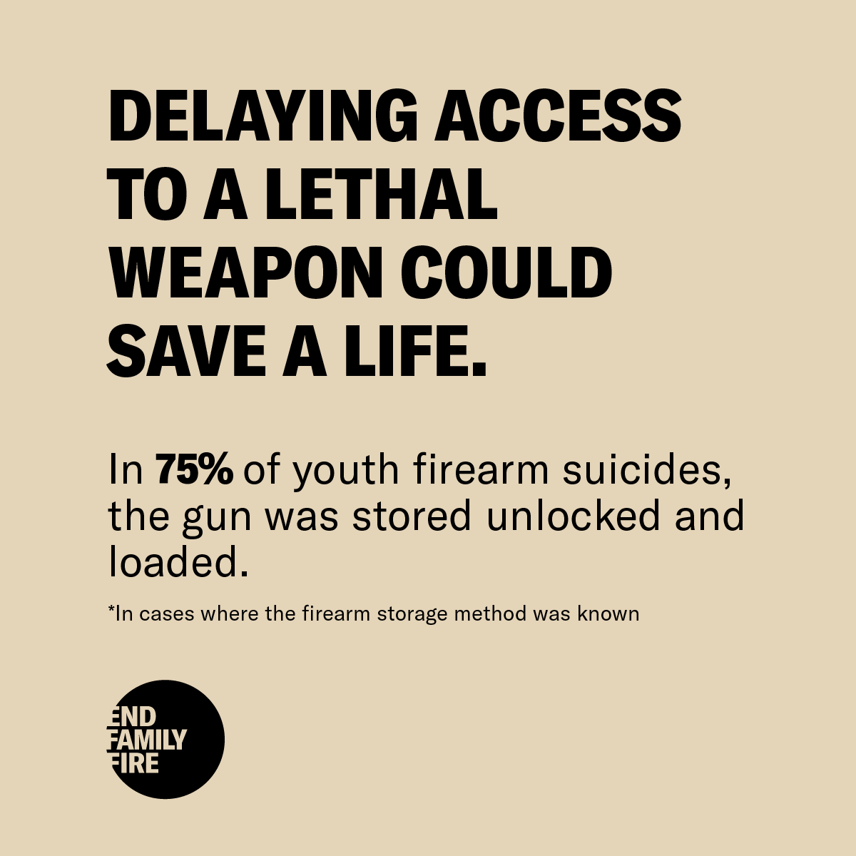 Storing your gun locked, unloaded, away from ammo, and inaccessible to children reduces the risk of family fire by 73%. These life-saving measures help prevent unintentional shootings and gun suicides. Learn more at endfamilyfire.org