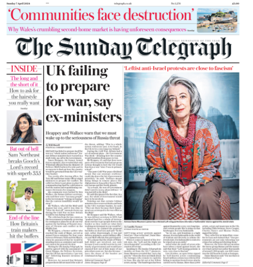There wasn't a single UK front-page photo of #Gaza over the weekend despite being exactly 6 months & 30,000+ deaths after 7/10. Actually, that's not true: the Sunday Telegraph did feature Maureen Lipman describing criticism of Israel as 'close to fascism' lrb.co.uk/blog/2024/apri…