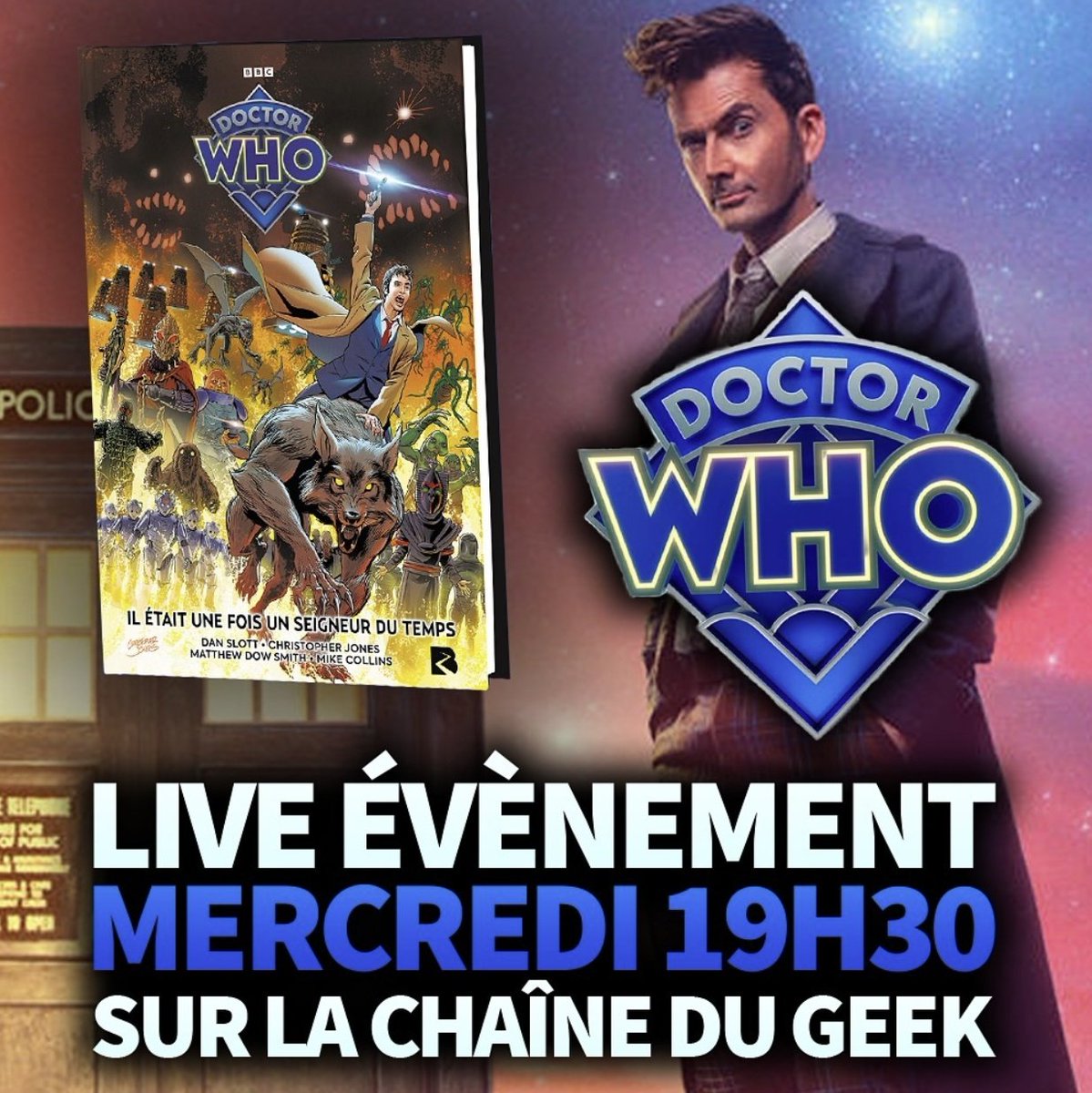 LIVE TWITCH 🎤 

Rendez-vous ce mercredi à 19h30 sur la chaîne de <a href="/MatteoSapin/">Matteo - Chaîne du Geek</a> pour une émission 100% Doctor Who 💙

Vous y retrouverez notre directeur éditiorial David Guélou et la community manager Alexandra Ramos (coucou 😀) !

Qui sera présent ?