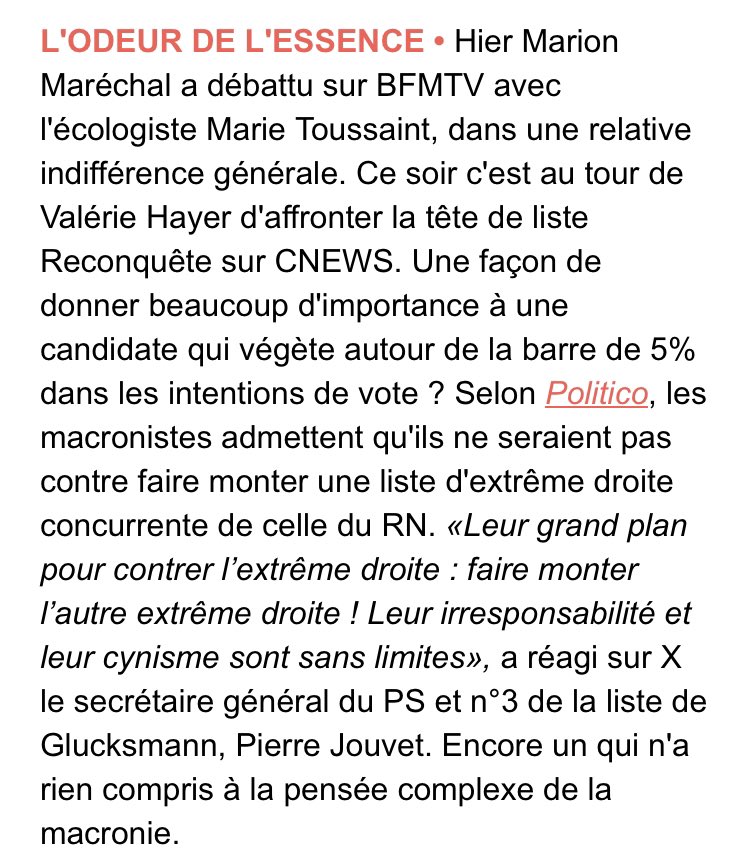 Pour contrer Bardella, quelle est la stratégie de la macronie et @ValerieHayer ? Faire monter l’autre liste d’extrême droite, avec Marion Maréchal. La présidentielle a pourtant montré que quand Zemmour monte, Le Pen se normalise et monte encore plus. Irresponsabilité et cynisme.