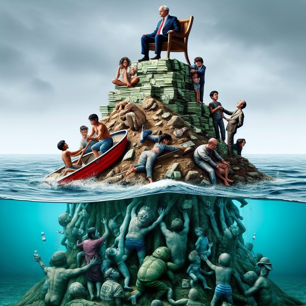 I'm so shocked by this AI-generated image. This is so horrible, sad, and realistic in that it shows viability determined by wealth. #BingCreator #ClimateCrisis #GlobalWarming Prompt : the rich on the top is safe from sea level rise. the poor and the vulnerable are sunk into water