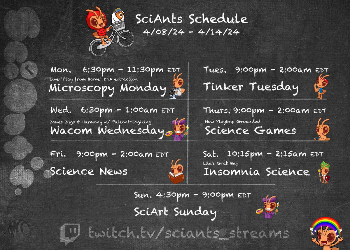 #SciAnts stream schedule for week is live! #science and #art fun for our amazing community. Week of 4/8/24. Hope to see you there! #scicomm #stem #twitchstreaming #twitchpartner #twitch #twitchstreamer #live #livestream #TwitchStreamers #twitchtv twitch.tv/sciants_streams