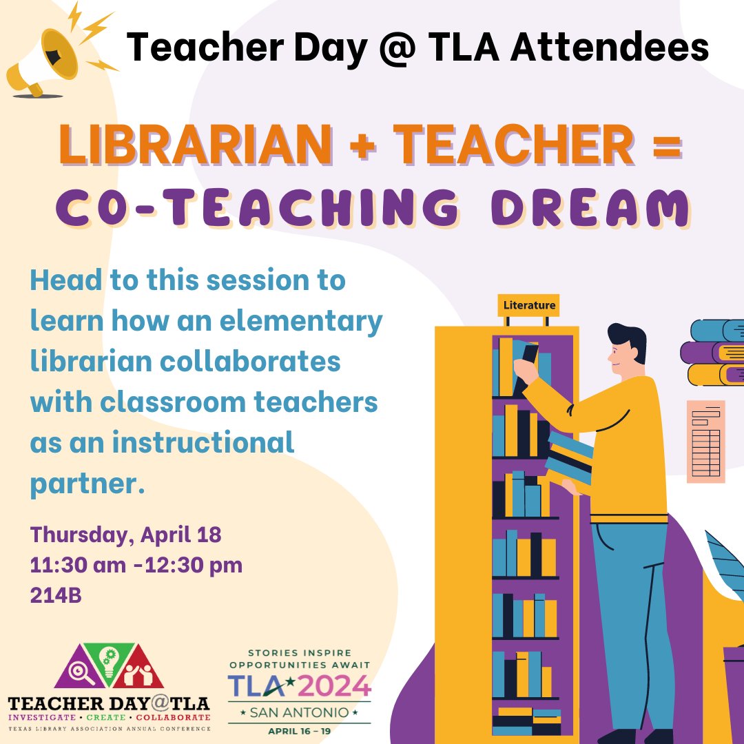 Librarian + Teacher = Co-Teaching Dream ☁️ - Head to this session at 11:30 on 4/18 in Room 214B to learn how #teachers and #librarians can be instructional partners. #TDTLA24 #txla24 @txasl @txla