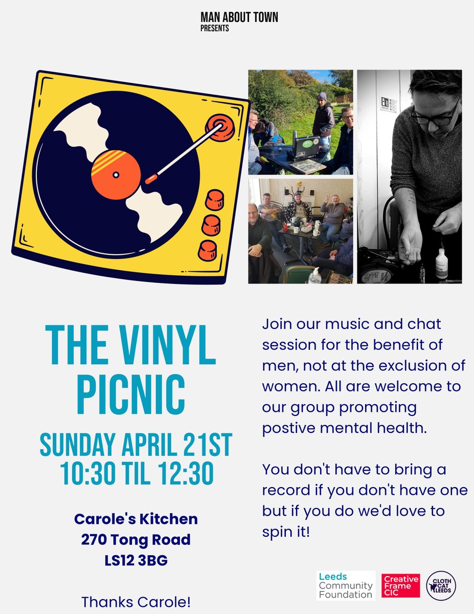 Fancy coming along to a Vinyl Picnic session in Armley? Check out the link below for free tickets. eventbrite.co.uk/e/man-about-to… #manabouttown #malesuicideprevention @mhuleeds @menspieclub @Rethink_ @forwardleeds @LeedsAHWN