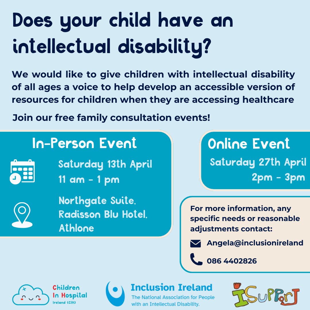 We are hosting an event with @InclusionIre for children with intellectual disability of all ages to help develop accessible resources for when they are accessing healthcare. Register now: eventbrite.com/e/866102665387… Online Event: eventbrite.com/e/875915184897… @LucyBray9