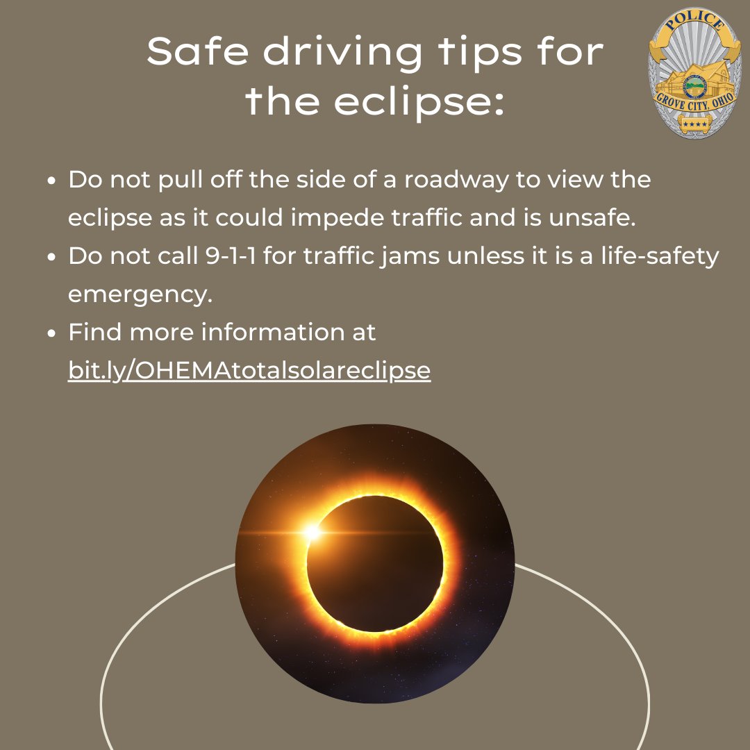 Follow these safe driving tips🚗: 🌒Do not pull off the side of a roadway to view the eclipse as it could impede traffic and is unsafe. 🌒Do not call 9-1-1 for traffic jams unless it is a life-safety emergency. 🌒Find more information at bit.ly/OHEMAtotalsola…