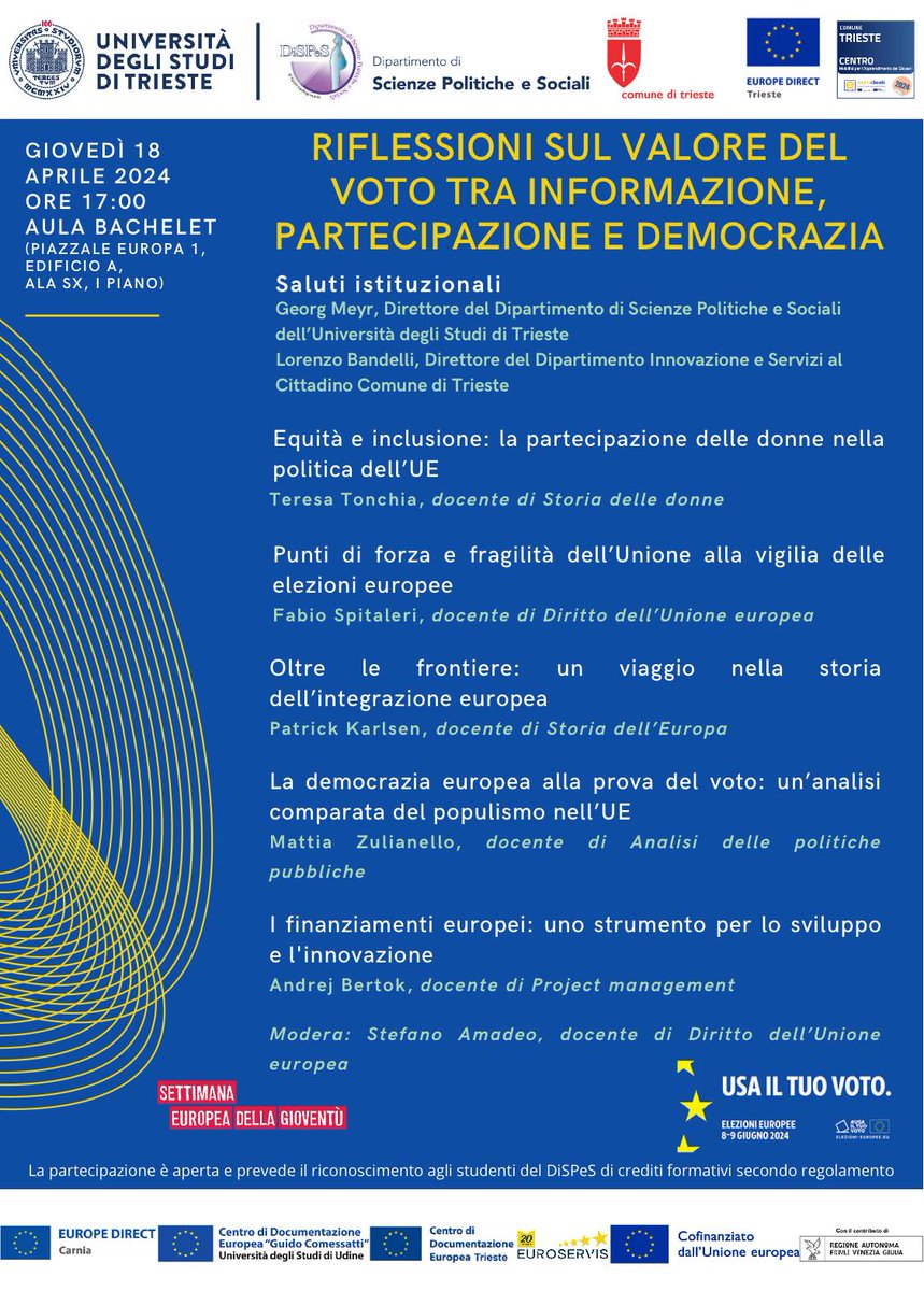 Giovedì 18 aprile 2024 ore 17.00 Aula Bachelet dell'@UniTrieste conferenza “Riflessioni sul valore del voto tra informazione, partecipazione e democrazia” organizzata dal Dipartimento di Scienze Politiche e Sociali e da EUROPE DIRECT Trieste - Eurodesk👉 bit.ly/4cPd6tr