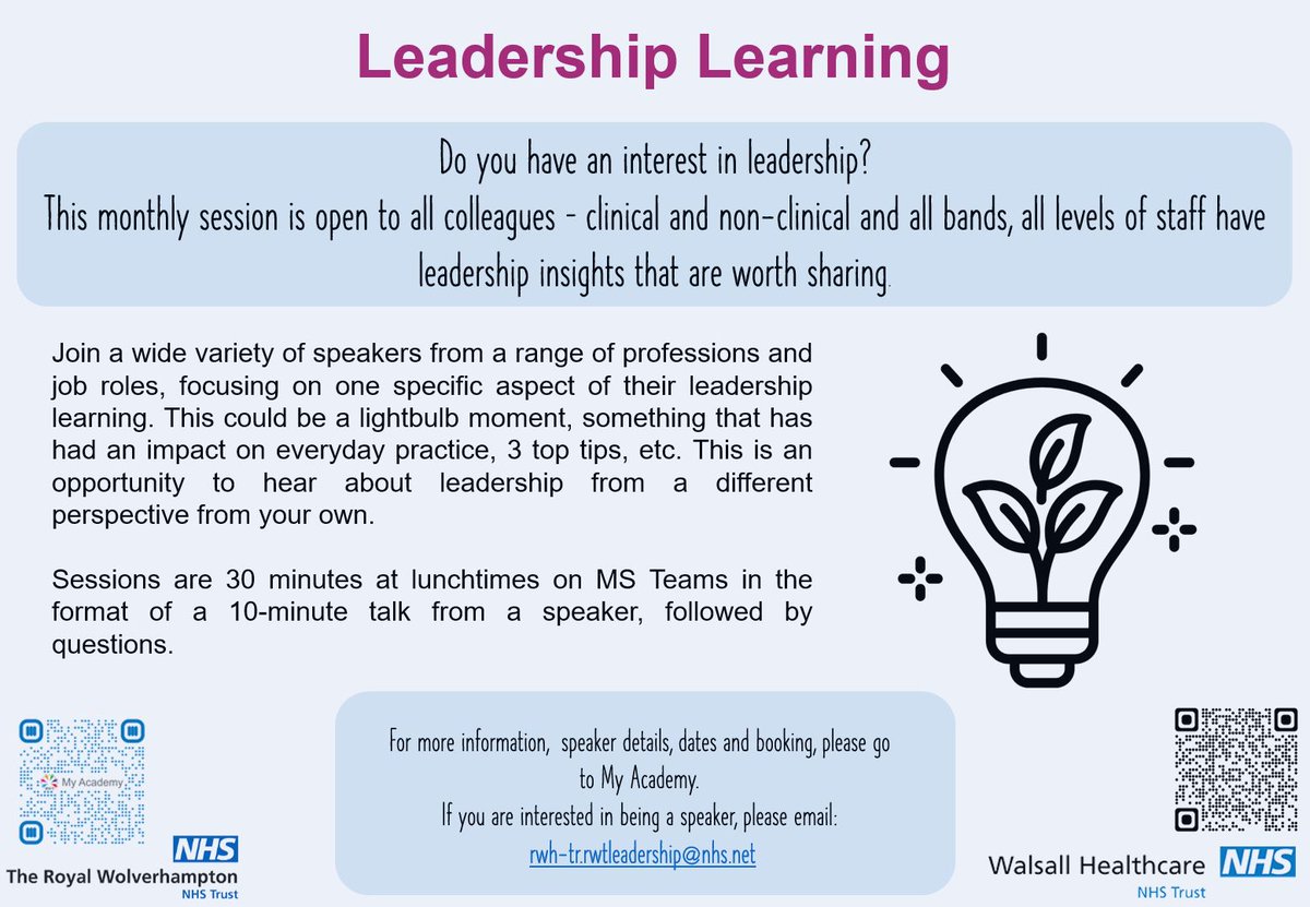 *NEW* bitesize learning opportunity: Leadership Learning. A joint venture between RWT and WHT, 30 mins MS Teams sessions. Our first session is 24.4.24 on “How does it feel to be at the receiving end of me?” with Miss Ruchi Joshi @RWT_NHS @BryarsEb @RWT_NurseEd