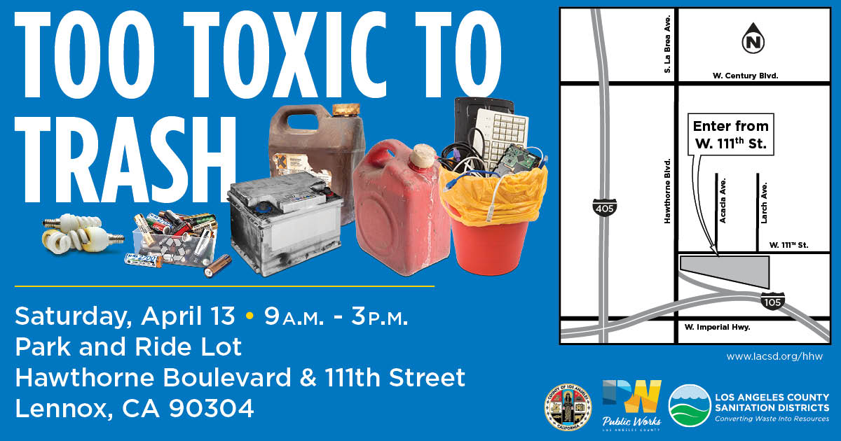 FREE Household Hazardous Waste & #EWaste Roundup on Sat Apr 13 in #Lennox at the Park and Ride Lot on Hawthorne Blvd & 111th Street from 9 am to 3 pm. Bring paints, oils, sharps, computers, TVs & more. Open to all of #LACounty! Learn more ➡️lacsd.org/home/showpubli… #Recycle #RT