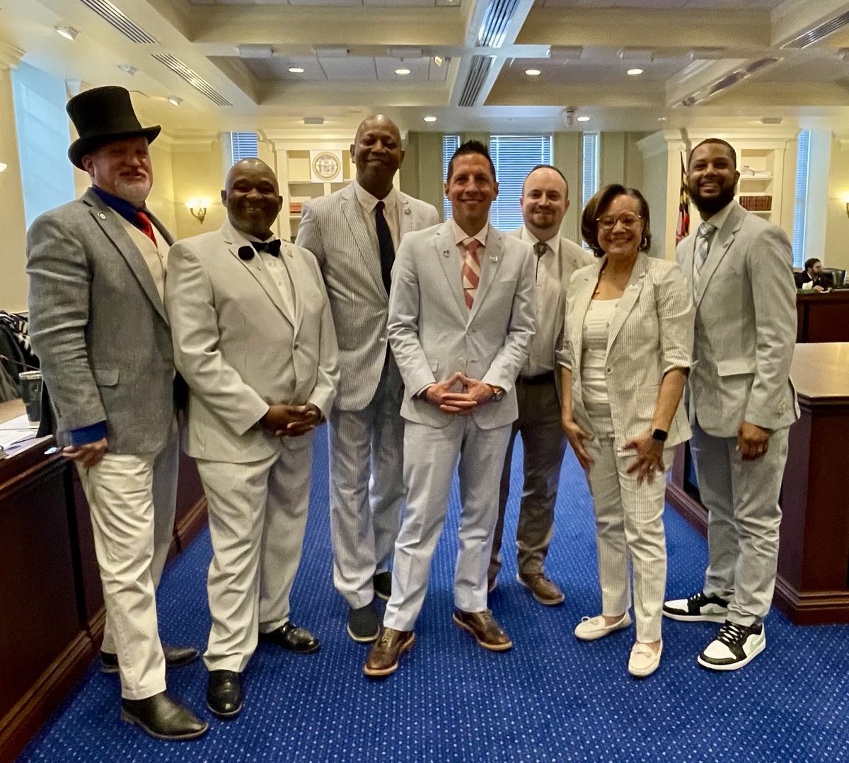 Happy sine die! The seersucker caucus is well represented in the House Judiciary Committee. It’s a tradition to break out the spring suit for the last day of lawmaking. L to R: Dels. Bouchat, Simmons, Phillips, Schmidt, Tomlinson, Taylor and Roberson.
