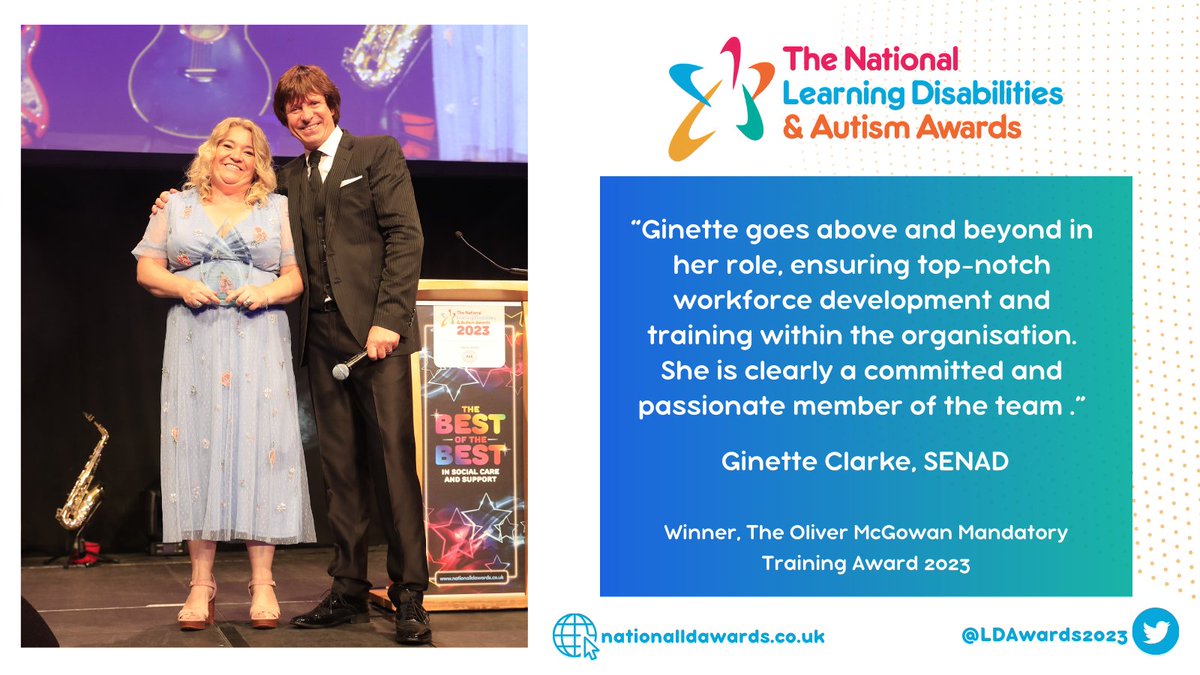 Join the National Learning and Disabilities & Autism Awards Hall of Fame... ... like last year’s winner of The Oliver McGowan Mandatory Training Award, Ginette Clarke, SENAD Nominate now at:bit.ly/3ll43Yh